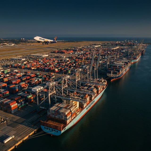 Aerial view of an international cargo port with container ships and freight aircraft at golden hour