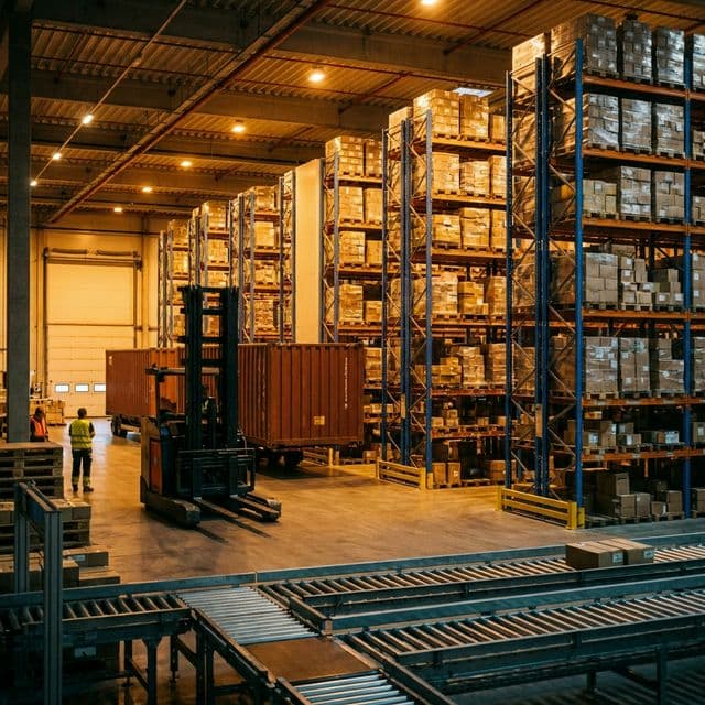 Inside a modern logistics warehouse with organized cargo operations and automated systems